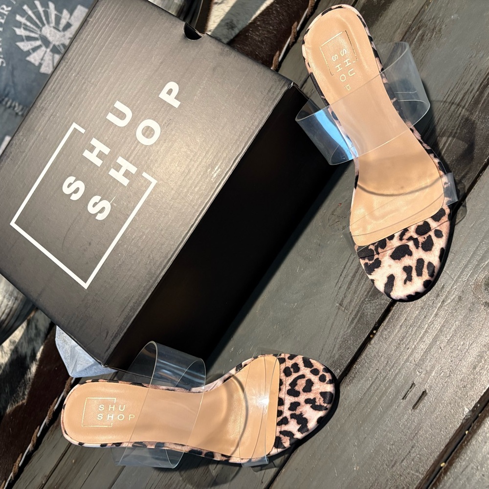 ShuShop Leopard Print Heels with Clear Straps